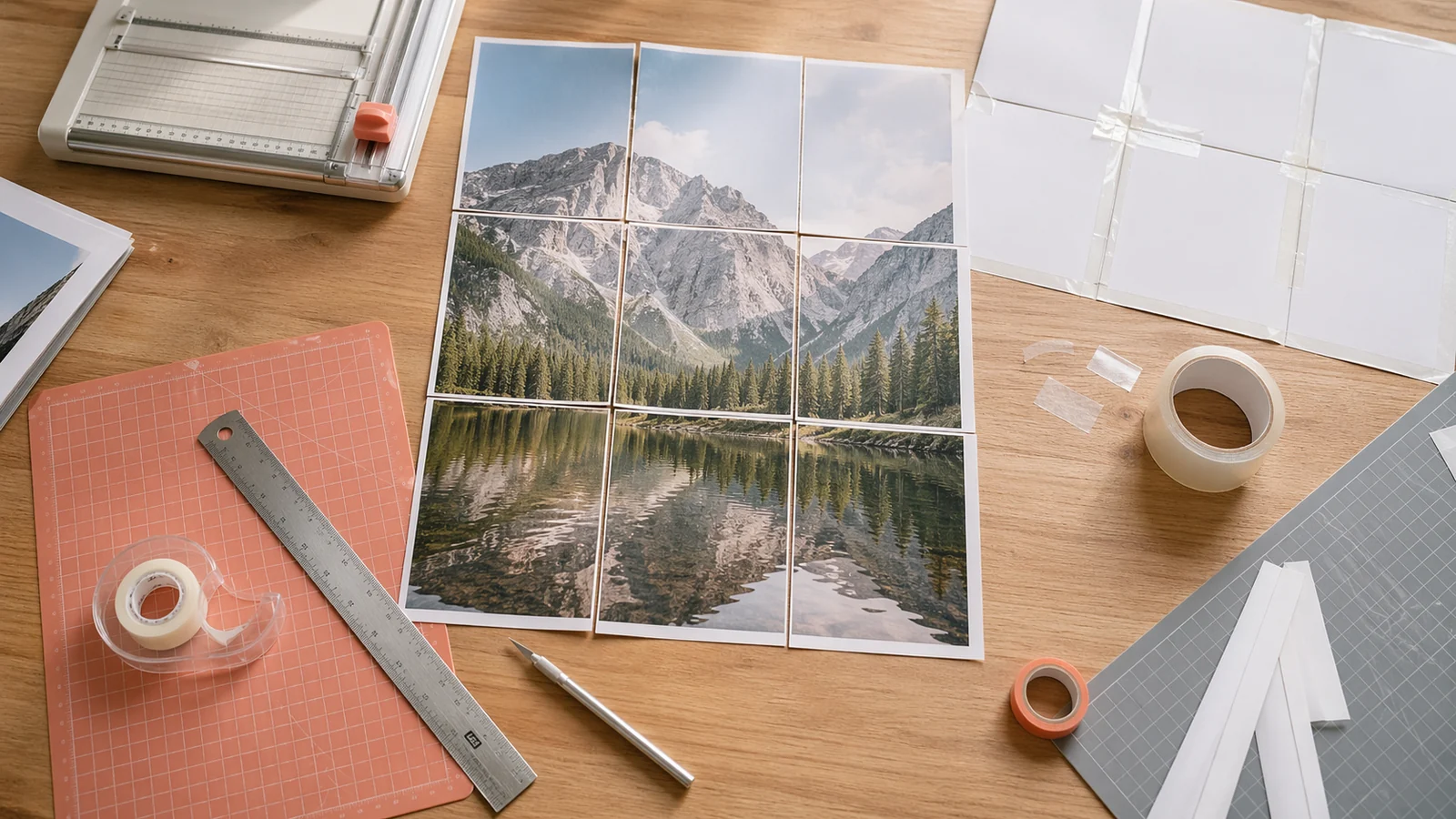 Workspace with ruler, paper, and tools for assembling a tiled poster